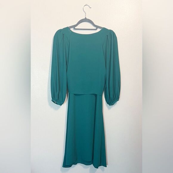 Maeve Anthropologie Emerald Green Valparaiso Chiffon Pleat Detail Dress Size 4 - Picture 2 of 6